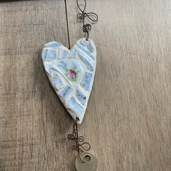 Mirror & 3 Heart Key holders Mosaic China wall art Handmade Victorian Cottage